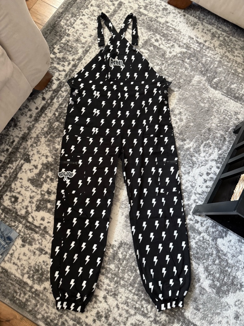 Rebel Bro Black Lightning Bolt Overalls